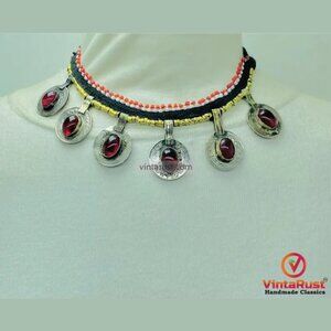 Tribal Glass Stone Embedded Coins Necklace: Statement Kuchi Handmade Choker